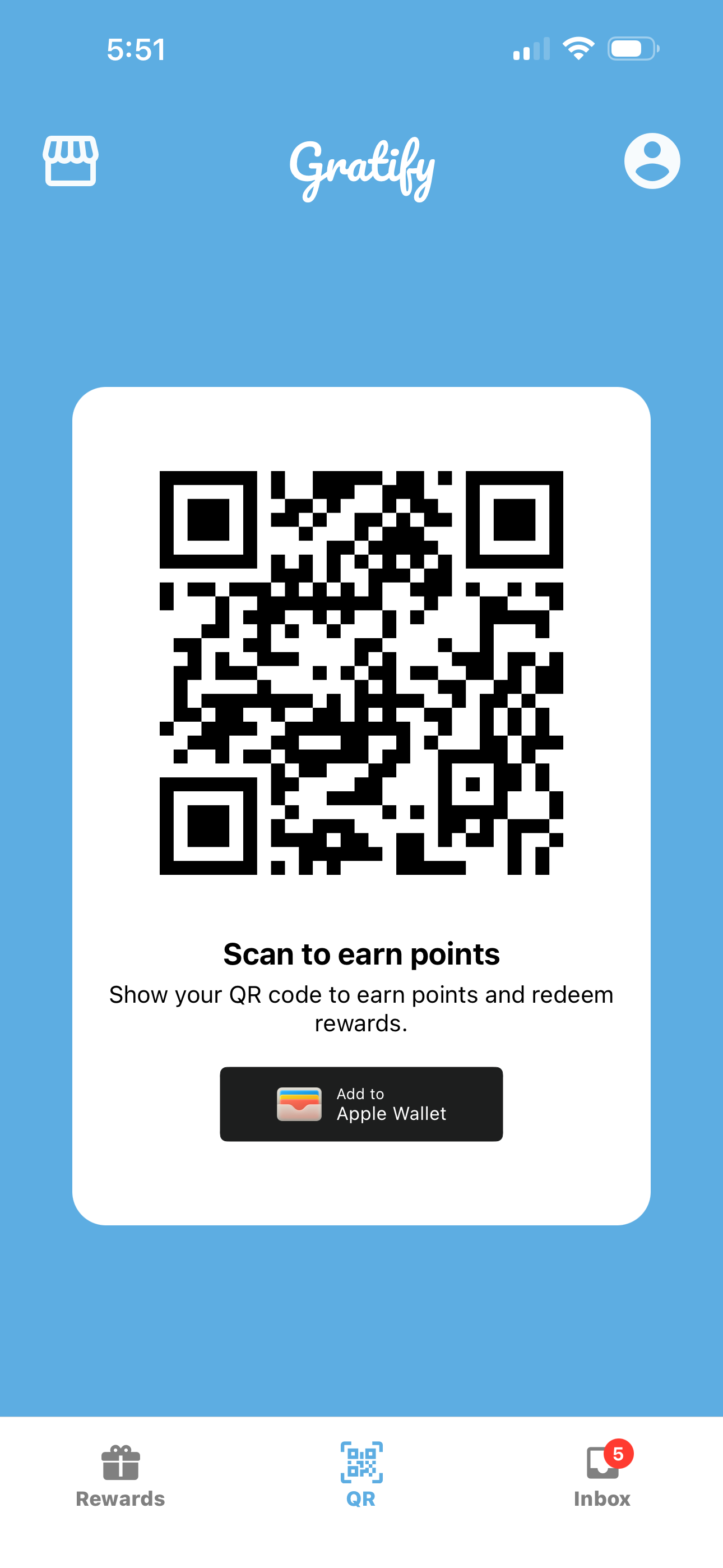 Gratify QR code earning screen.